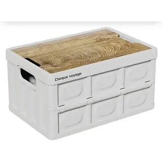 Oval-Handle Folding Storage Crate with Wood-Grain Lid