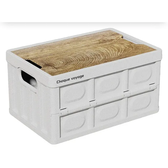 Oval-Handle Folding Storage Crate with Wood-Grain Lid – H-8013